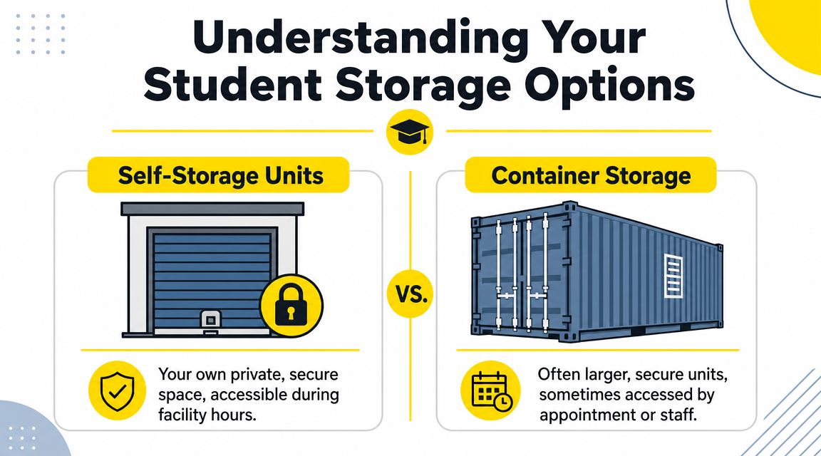 A comparison graphic explaining the differences between self-storage units and container storage for students.