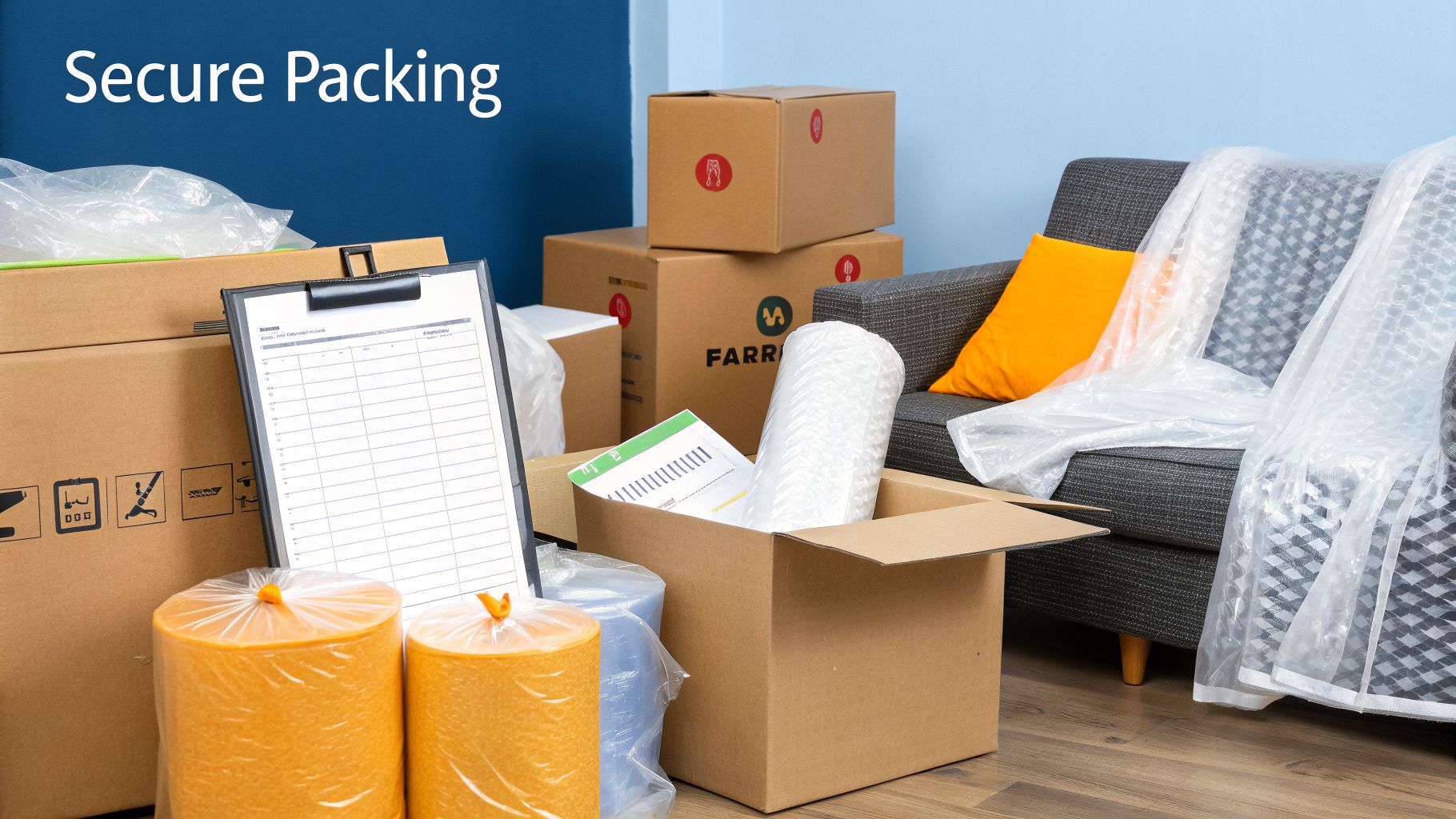 A room prepared for moving, with cardboard boxes, various packing materials, and a checklist.