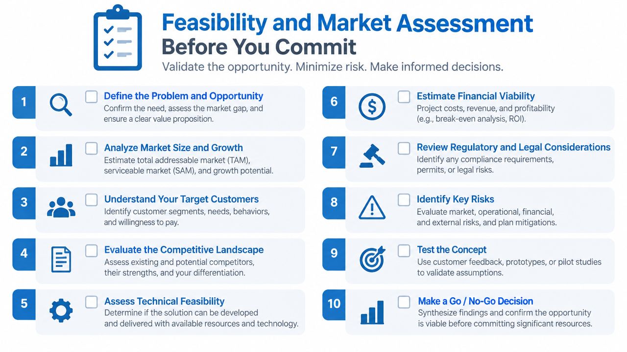 A ten-step checklist for conducting a feasibility and market assessment to evaluate business opportunities before committing resources.
