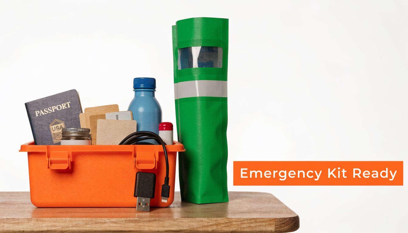 An orange emergency kit box filled with a passport, water bottle, and charging cables on a table.