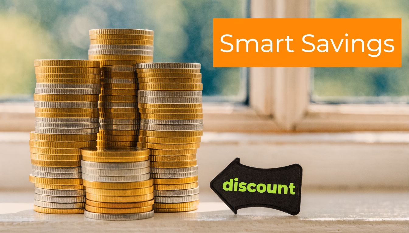 A stack of various gold and silver coins with a discount arrow sign and text, Smart Savings.