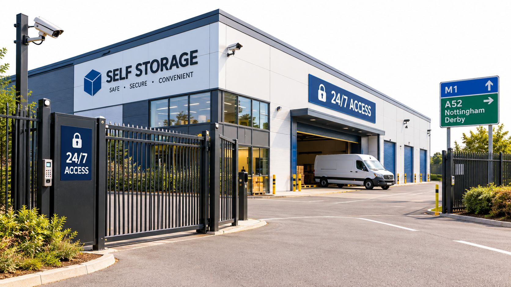 A modern self-storage facility with a white exterior, a security gate, and a delivery van parked inside.
