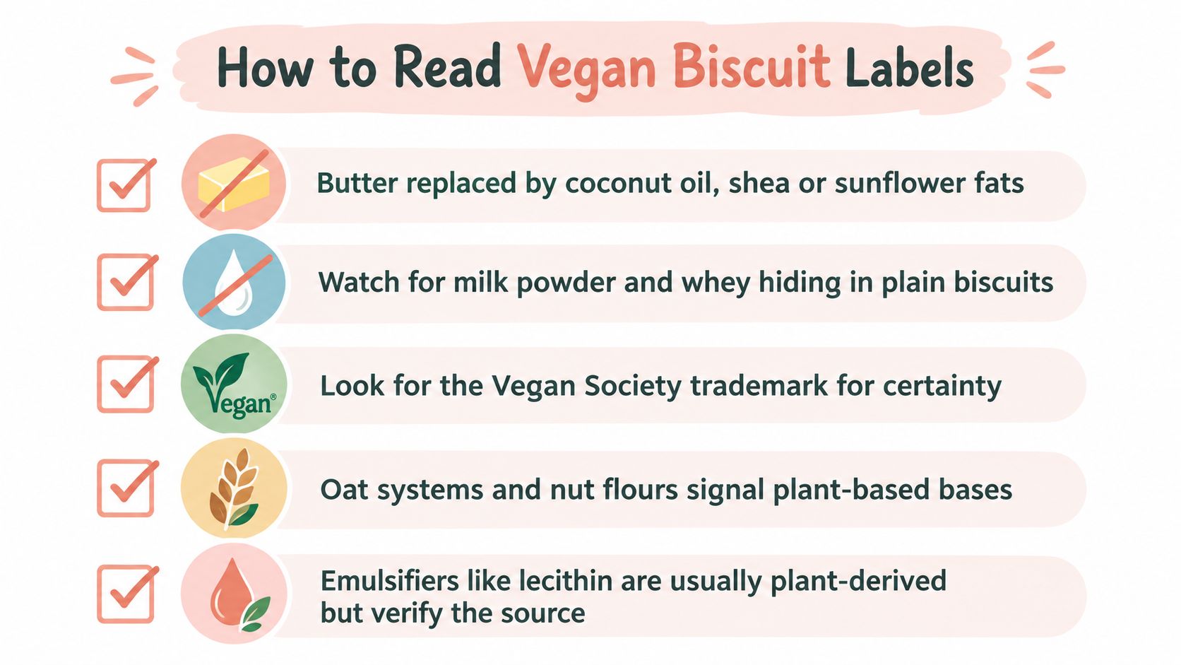 An infographic titled How to Read Vegan Biscuit Labels featuring five tips for identifying vegan ingredients.