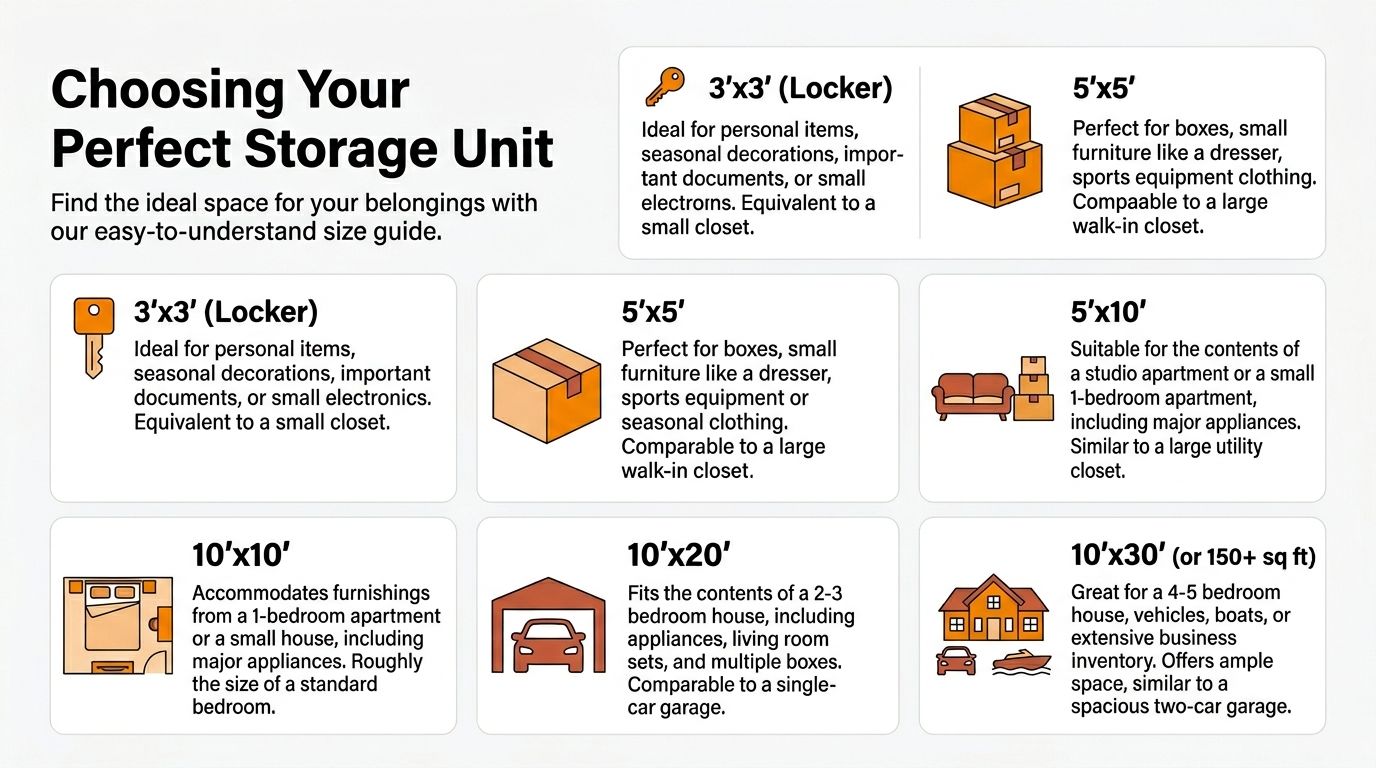 An infographic chart displaying various storage unit sizes ranging from 3x3 lockers to 10x30 garages.