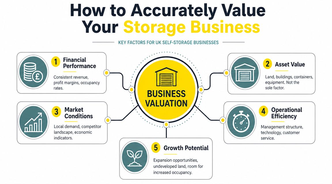 An infographic detailing the five key factors for calculating the valuation of a UK self-storage business.