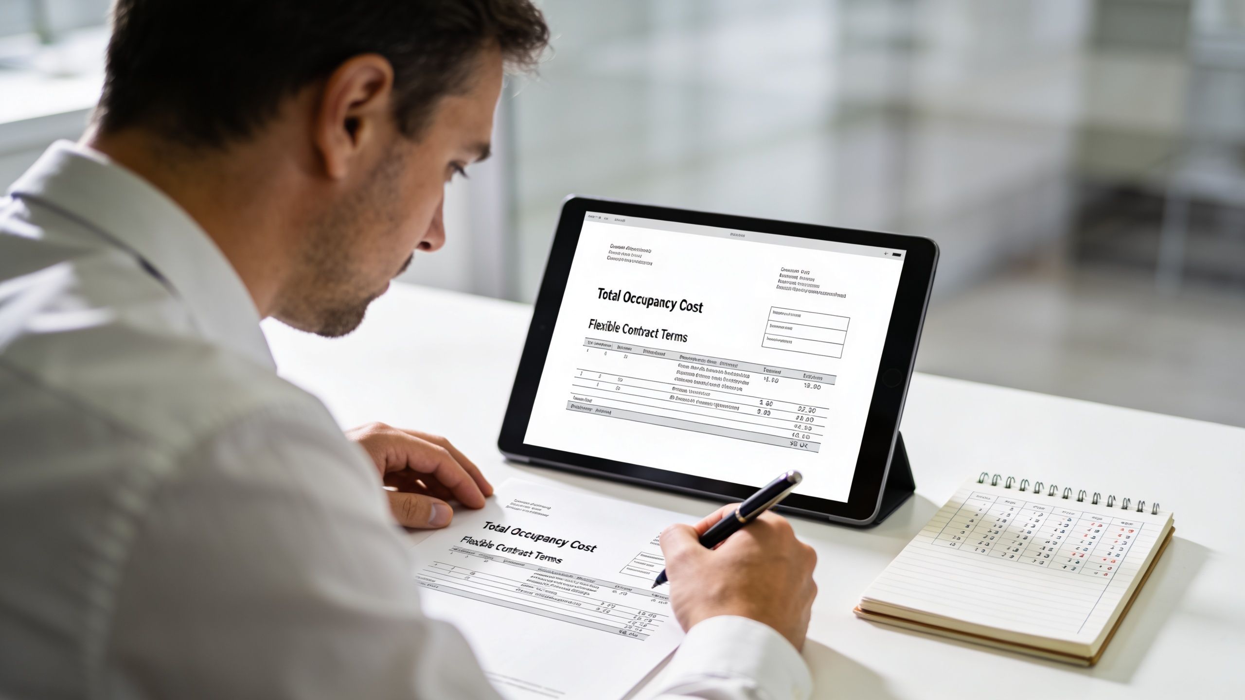 A businessman reviewing contract documents and reviewing occupancy costs on his digital tablet at an office desk.