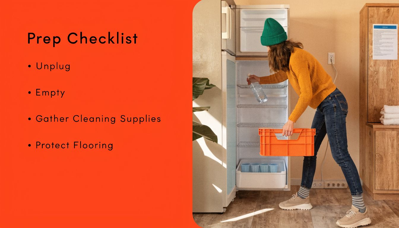 A woman wearing a green beanie preparing to clean her refrigerator for a move by emptying it.