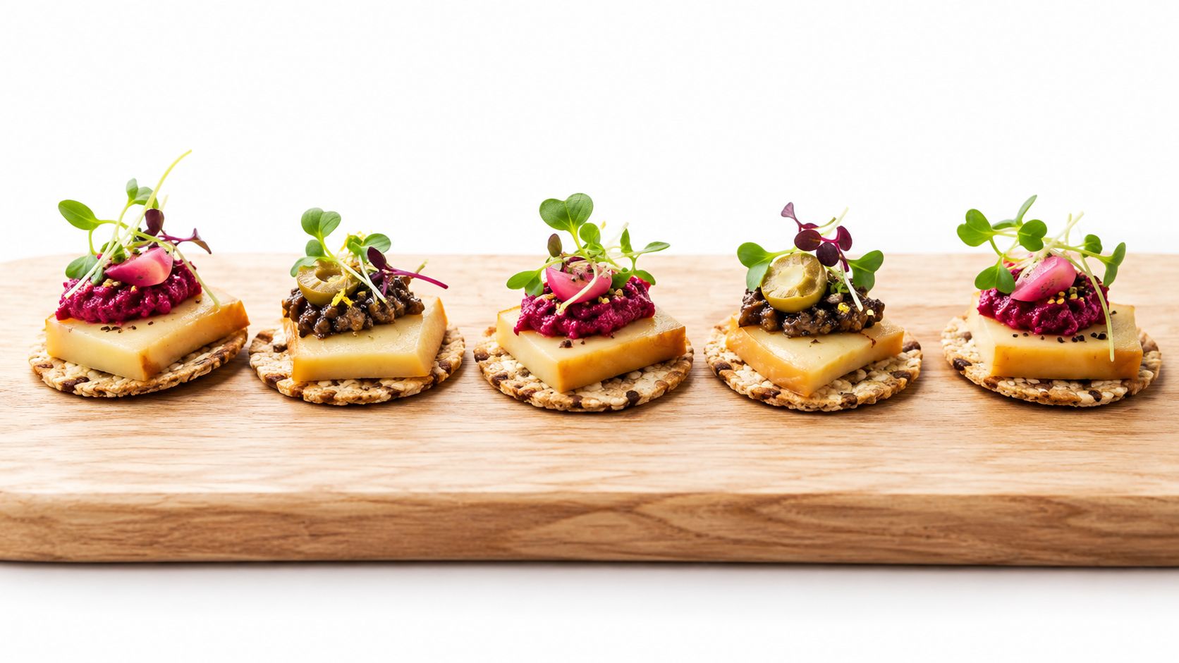 Five gourmet vegan appetizers with cheese and beet spread on a wooden board against a white background.