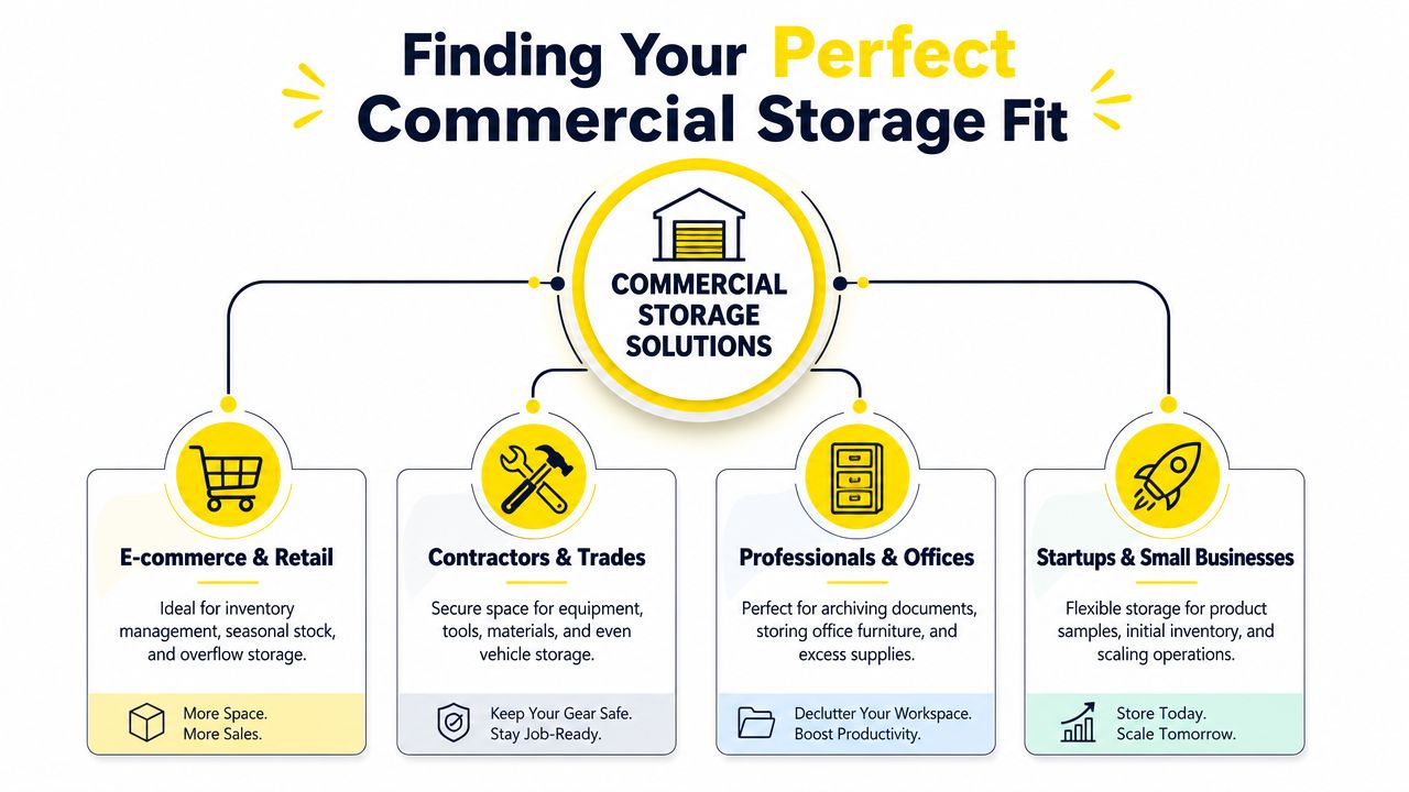 An infographic showing four target audiences for commercial storage solutions, including businesses, contractors, and retail shops.