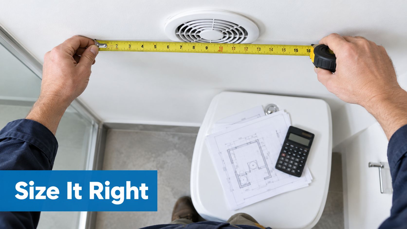 A person measures the distance near a bathroom ceiling vent with a tape measure while holding blueprints.