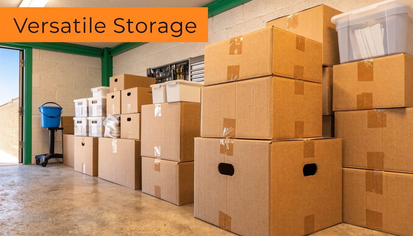 A storage unit interior filled with various cardboard moving boxes and plastic storage containers on the floor.
