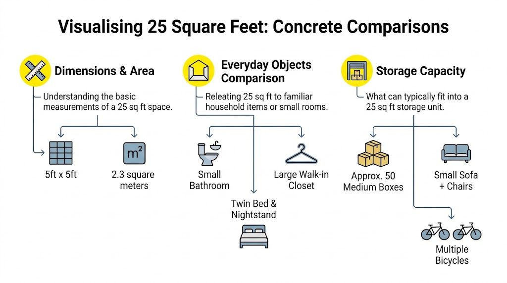 An infographic illustrating what a 25 square feet space looks like using concrete measurements and familiar objects.