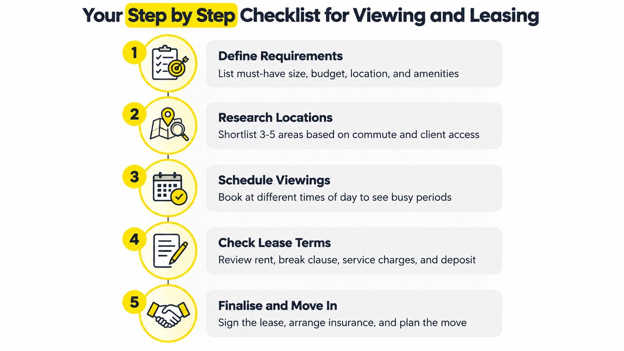 A five-step checklist for viewing and leasing a commercial property or office space.