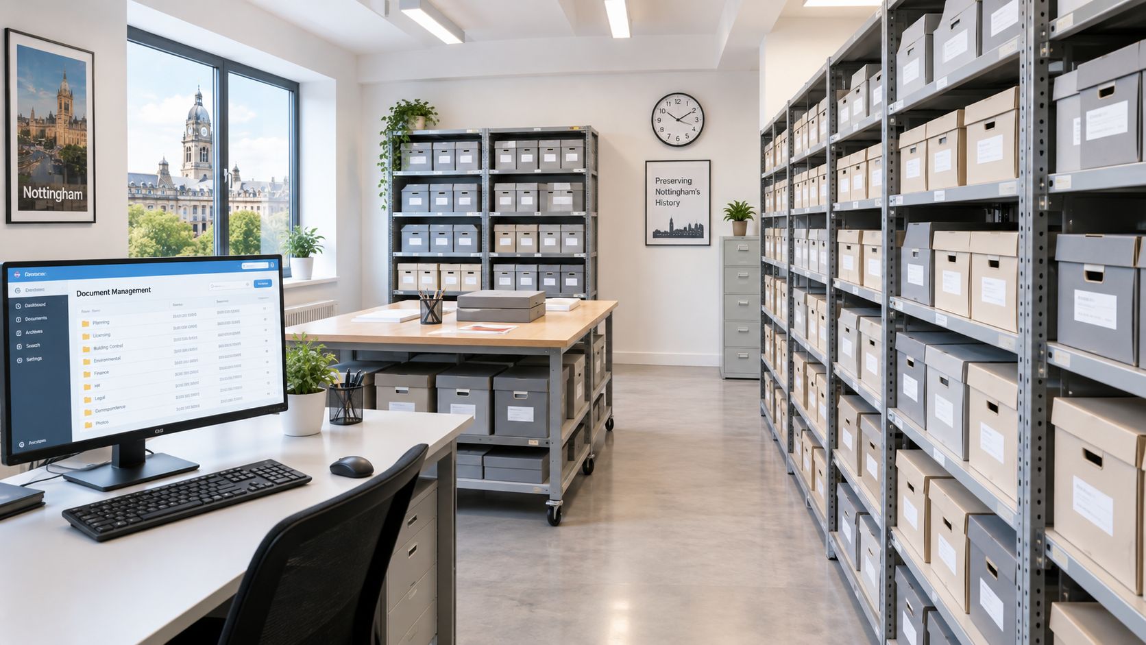 A modern, organized office space featuring a computer, shelving units filled with document boxes, and Nottingham-themed wall art.