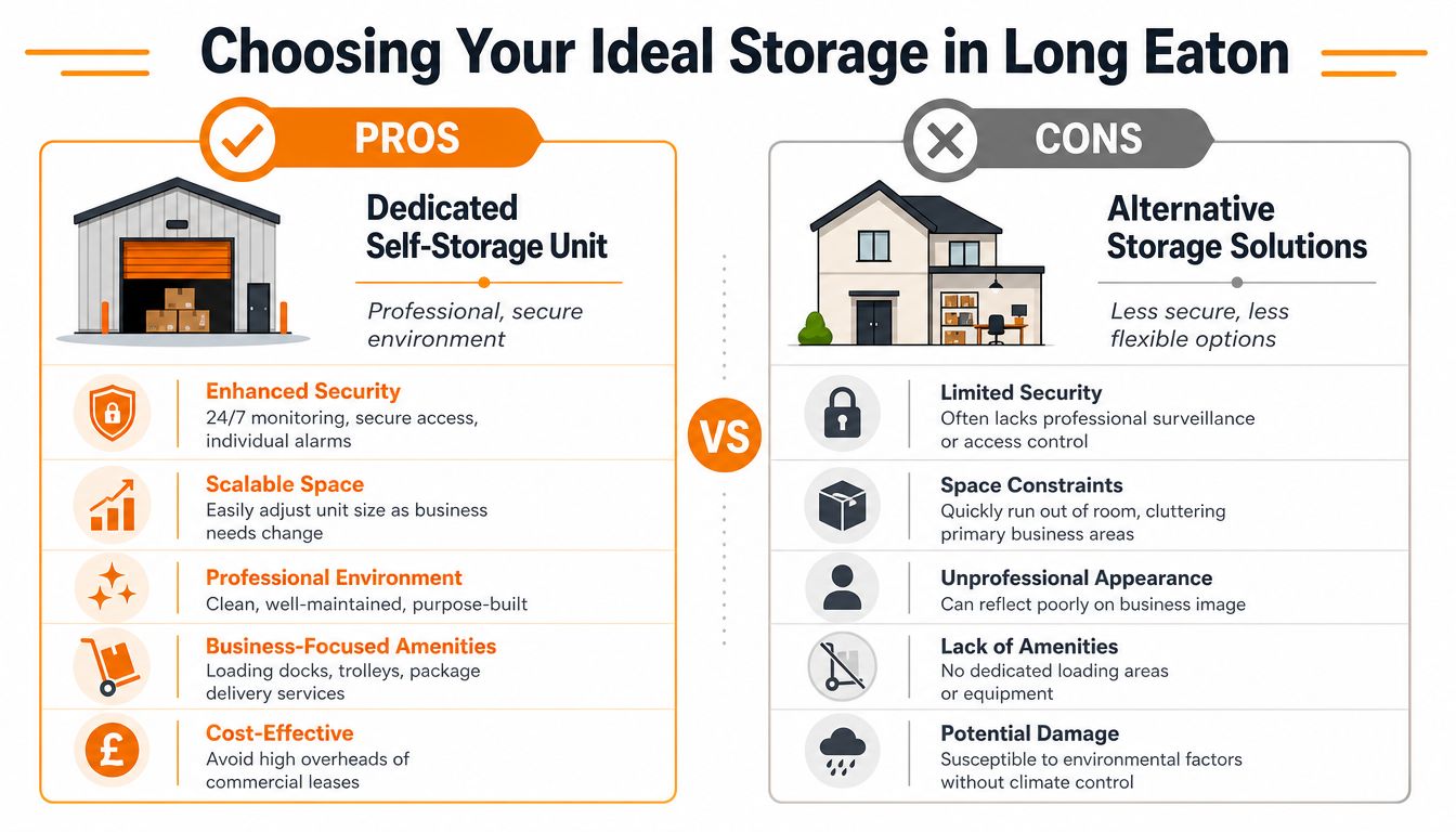 A comparison infographic showing pros of dedicated self-storage units versus cons of alternative business storage options.