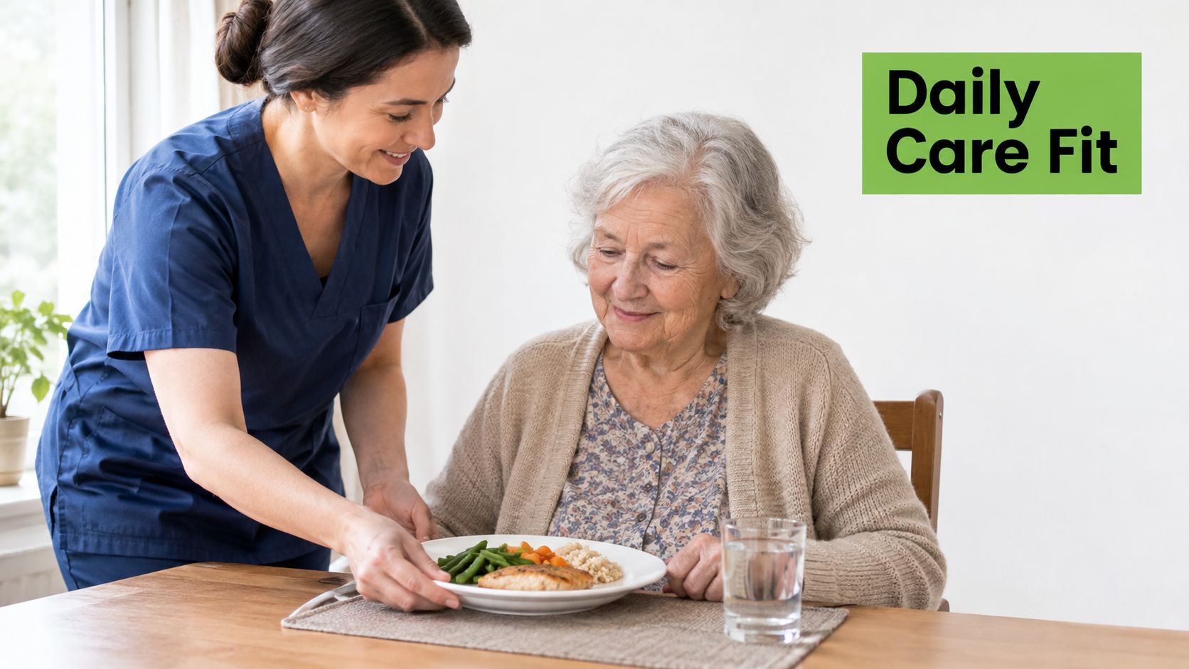 A kind caregiver serving a balanced meal of fish, vegetables, and grains to an elderly woman.