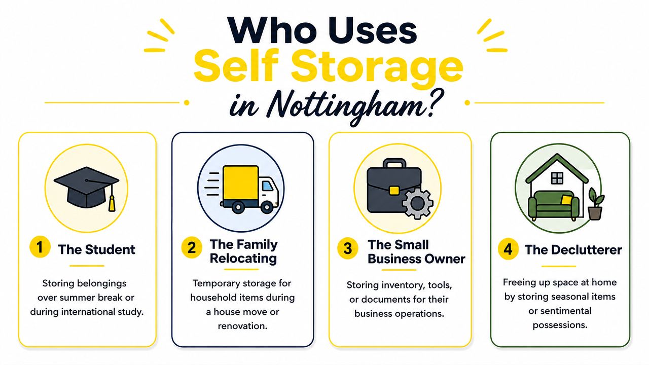 An infographic showing four common types of people in Nottingham who use self storage for their belongings.