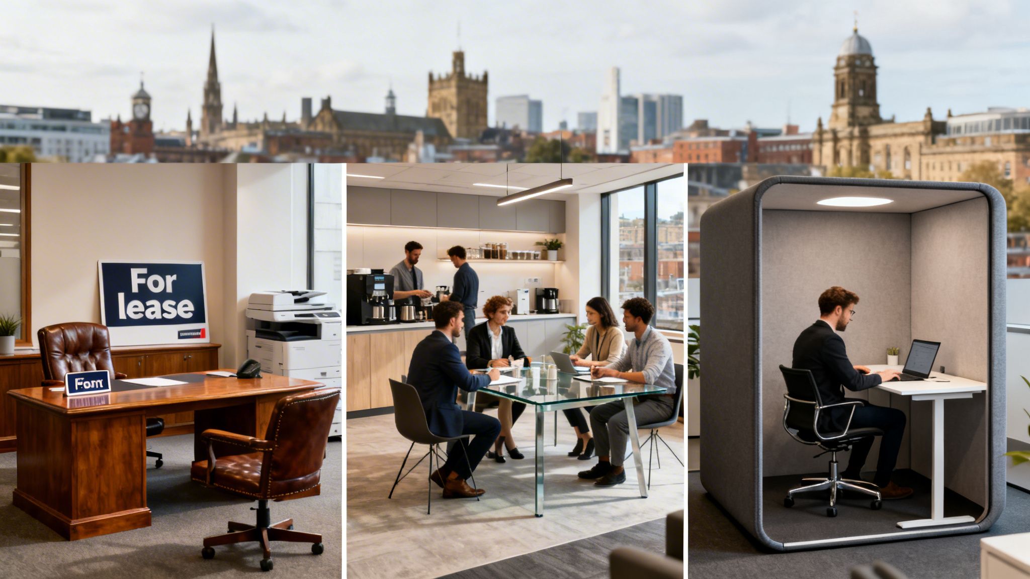 A composite image showing various office areas including a furnished private office, a communal meeting room, and a quiet workspace booth.
