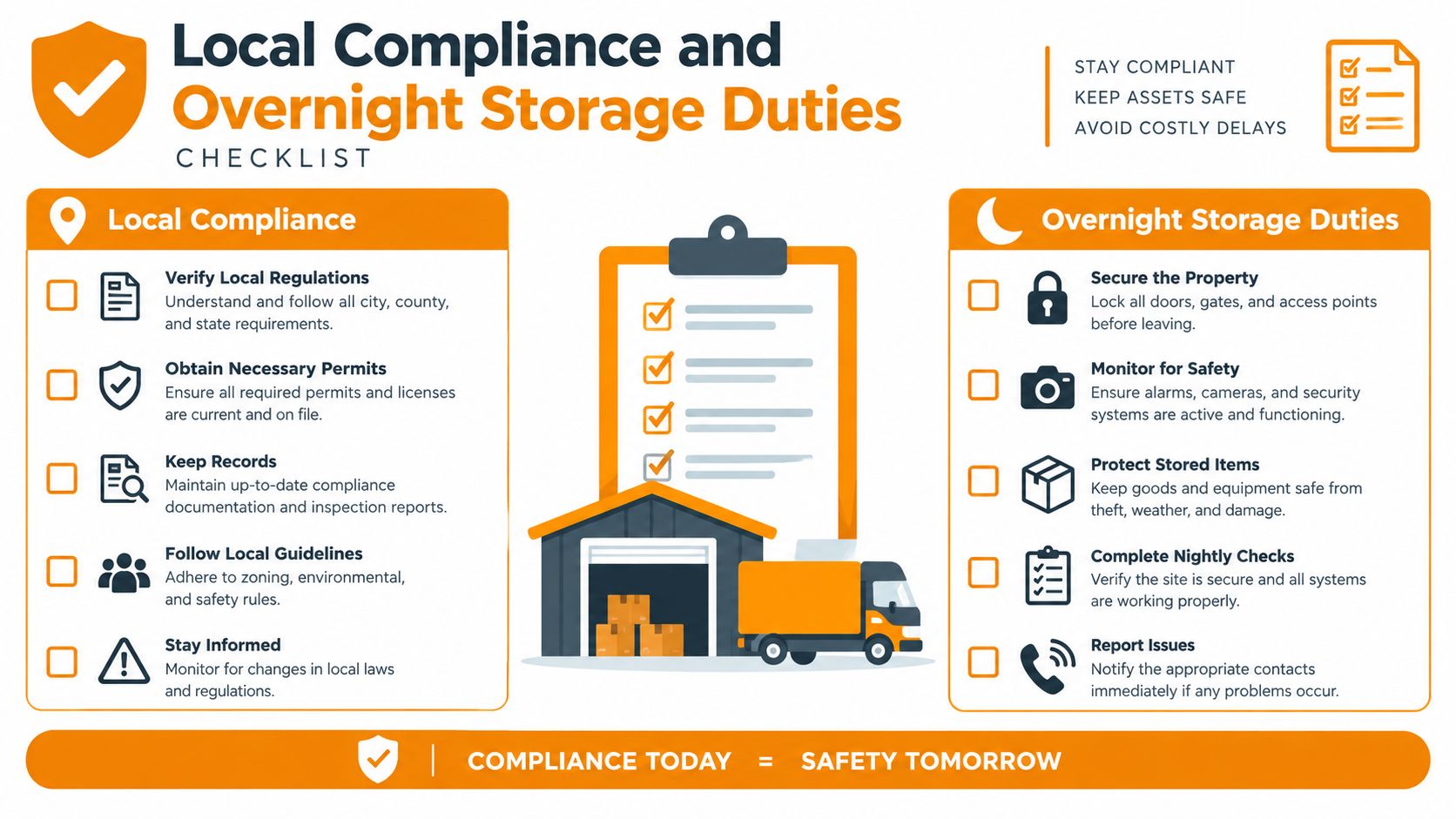 A checklist infographic outlining local compliance requirements and overnight storage safety duties for professional equipment management.