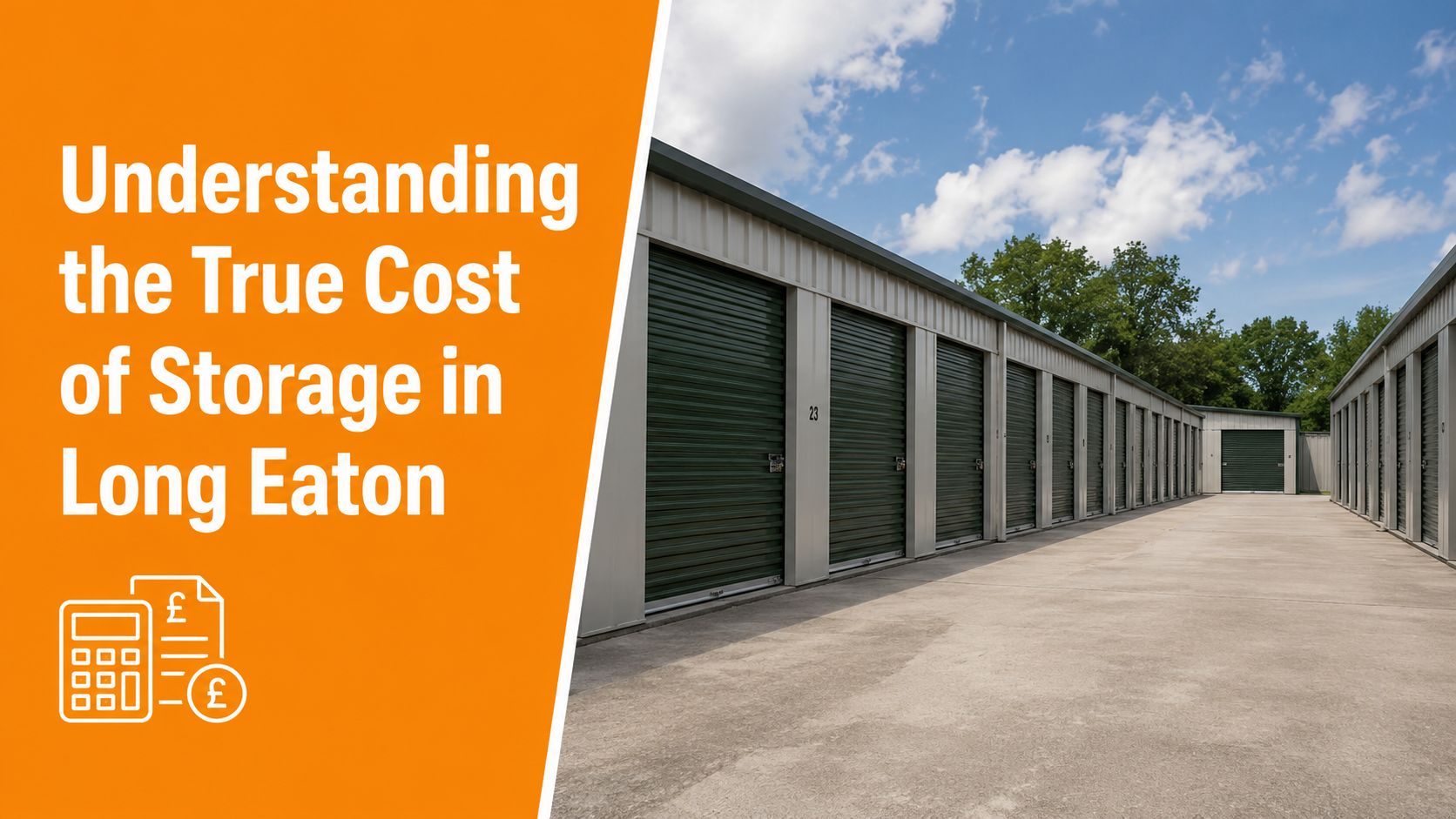 Outdoor storage units with green roll-up doors in a paved lot in Long Eaton with text overlay.