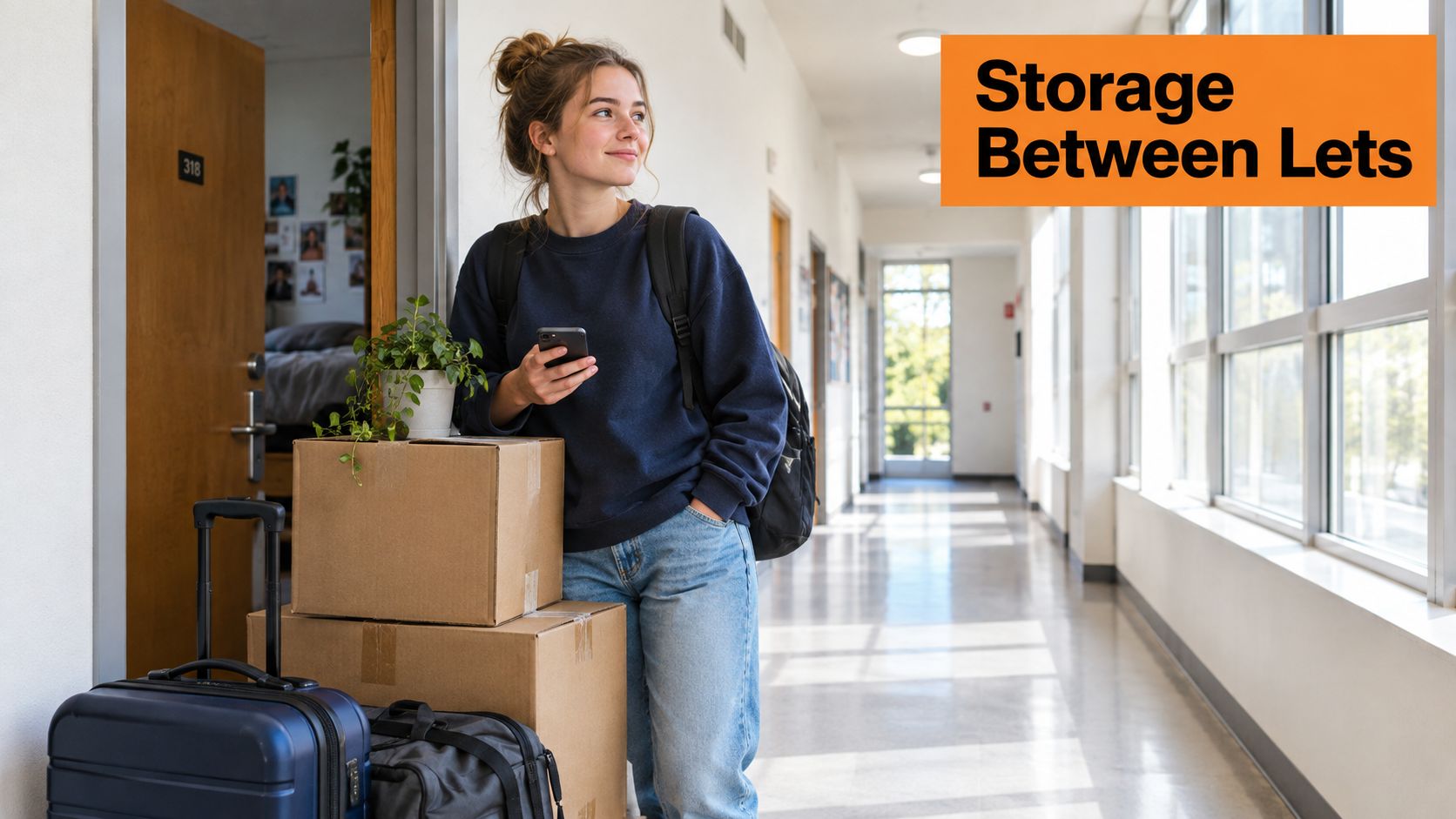 A happy college student standing in a dormitory hallway with moving boxes, luggage, and a phone.