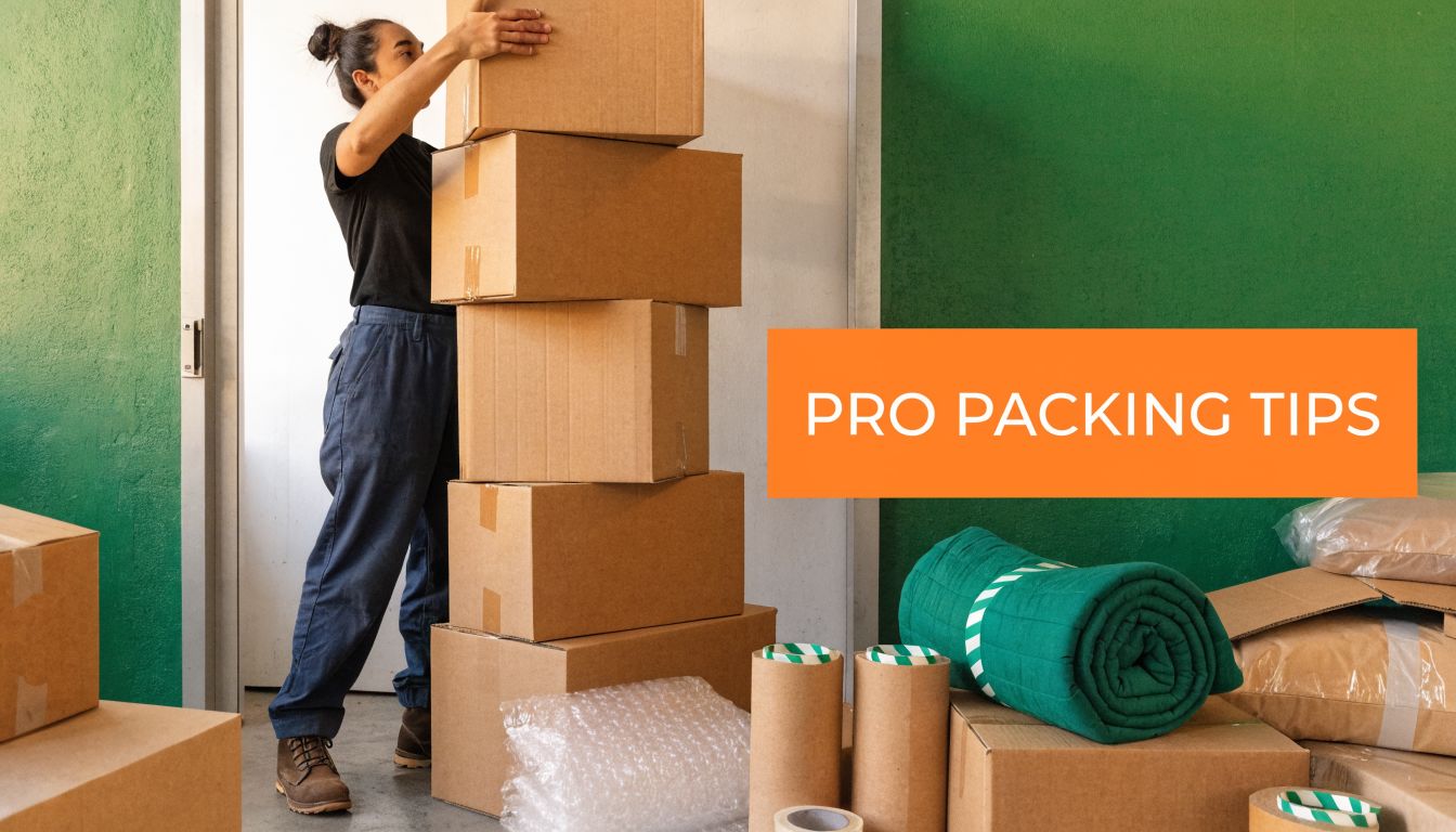 A person organizing and stacking cardboard moving boxes inside a storage unit for packing efficiency.