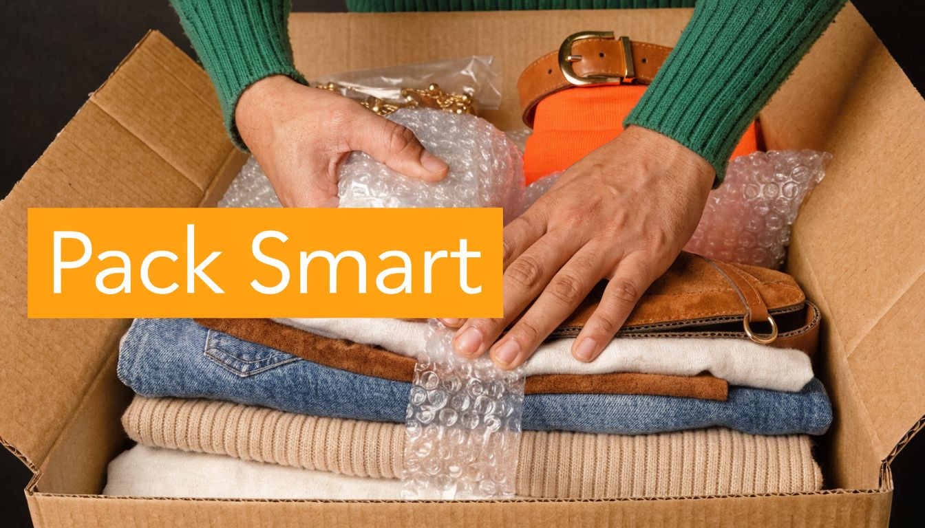A person carefully packing folded clothes and accessories into a cardboard box for organized storage.