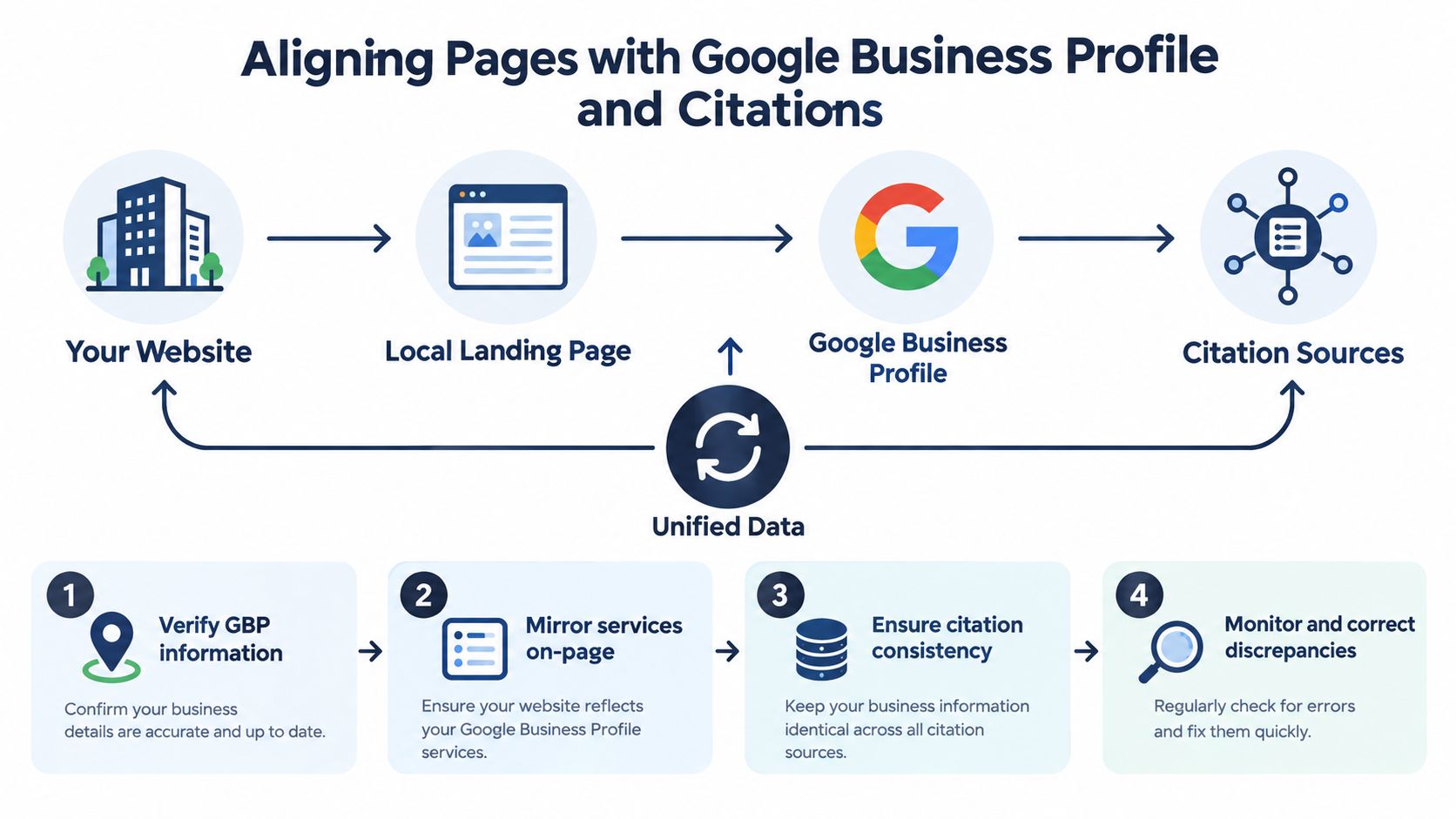 A diagram illustrating how to align your website, local landing pages, Google Business Profile, and citation sources.