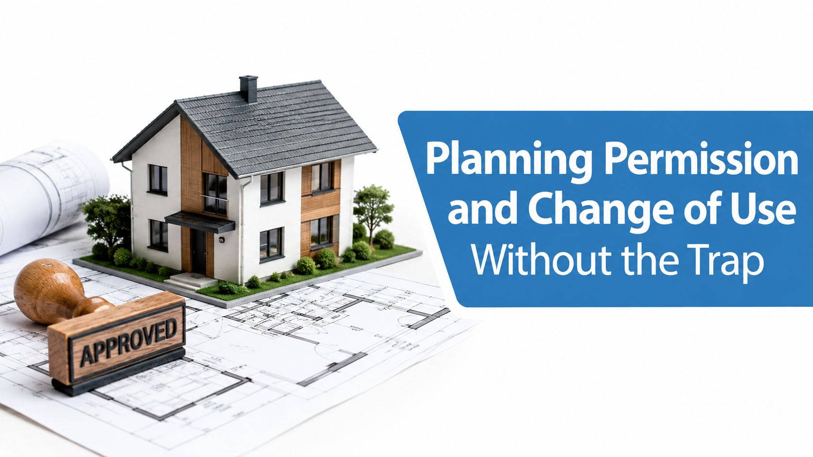 A miniature model house sits on architectural blueprints next to an approved stamp for planning permission.