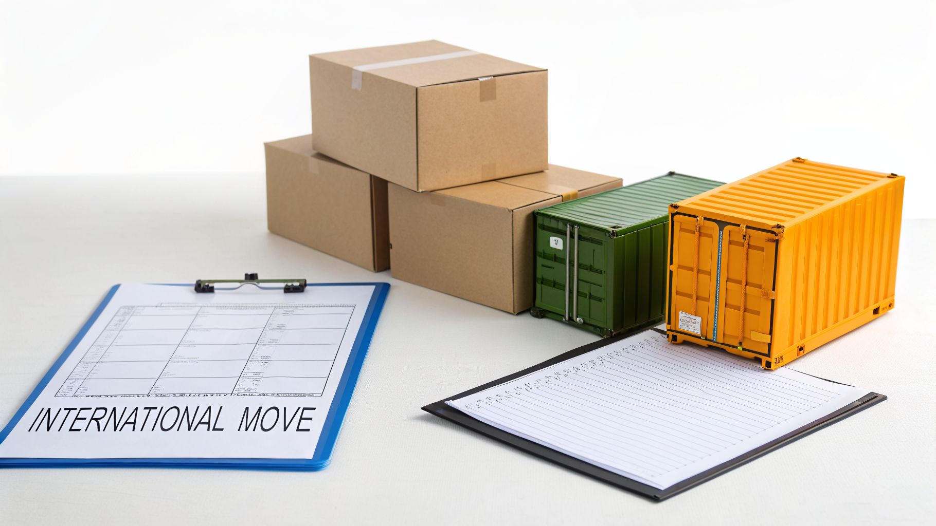 Supplies for an international move: boxes, model shipping containers, and checklists on a table.