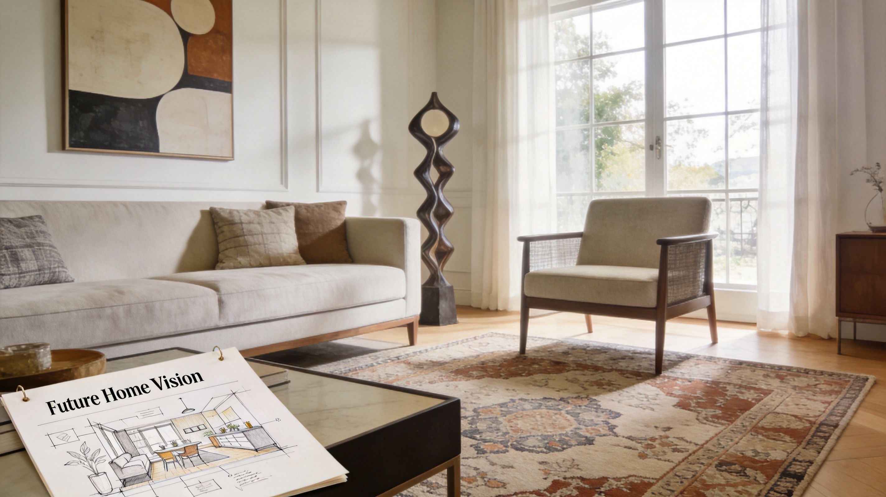 A luxurious living room featuring a comfortable beige sofa and a sketch of a future home design.