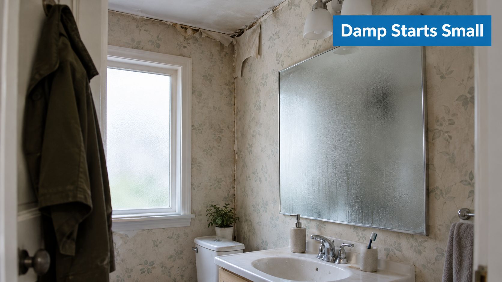 A bathroom interior showing peeling wallpaper and signs of damp damage near the ceiling corner and window.