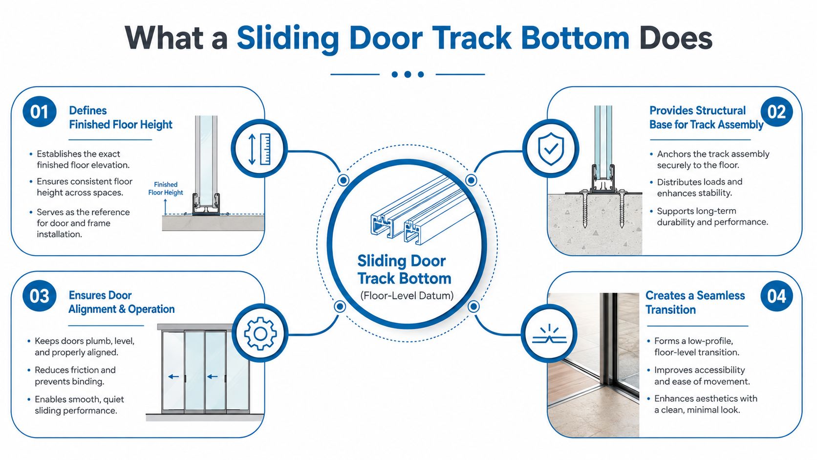 An infographic illustrating four key functions of a sliding door track bottom in floor-level construction.