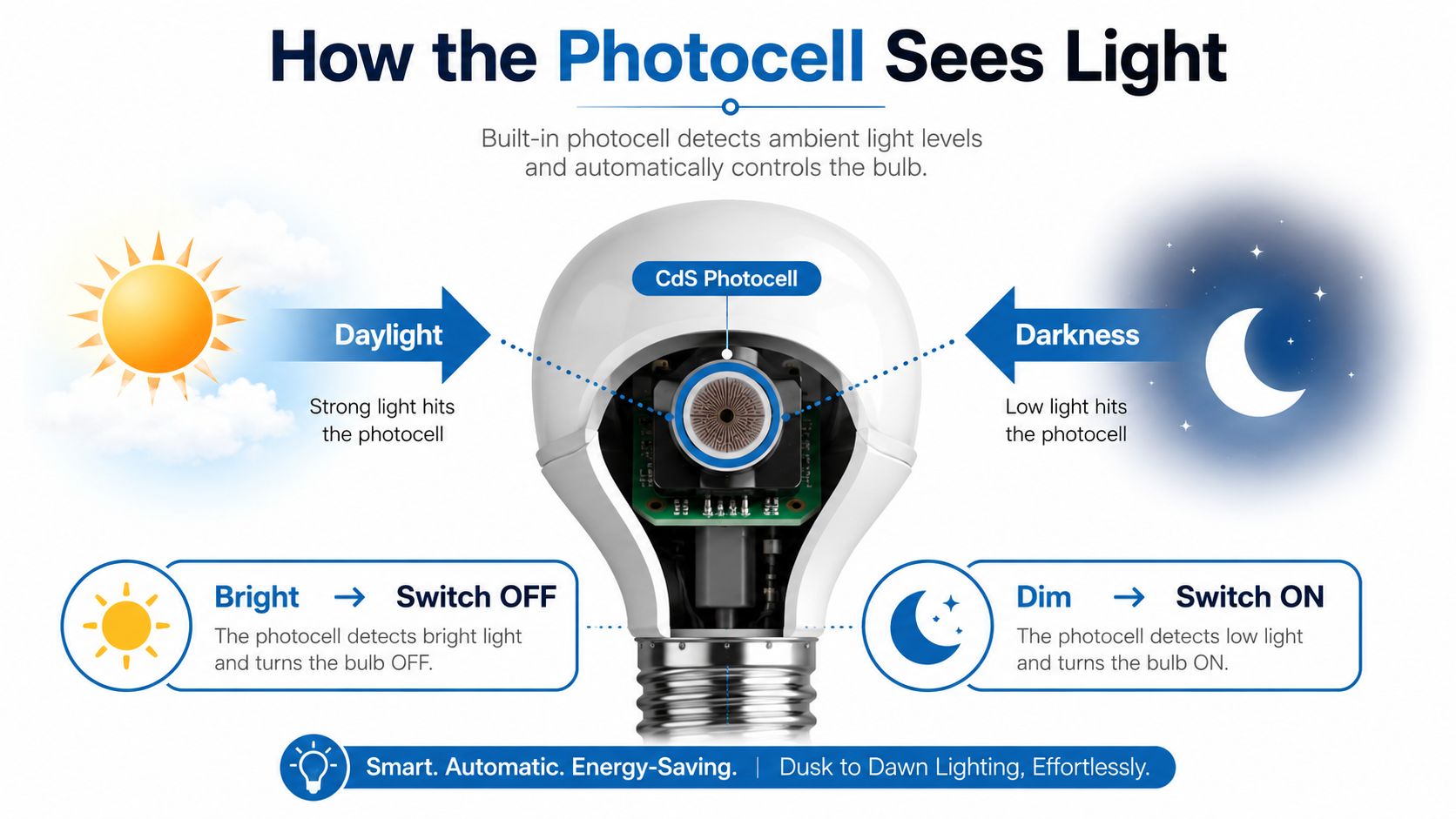 A diagram explaining how a dusk to dawn light bulb with a built-in photocell operates automatically.