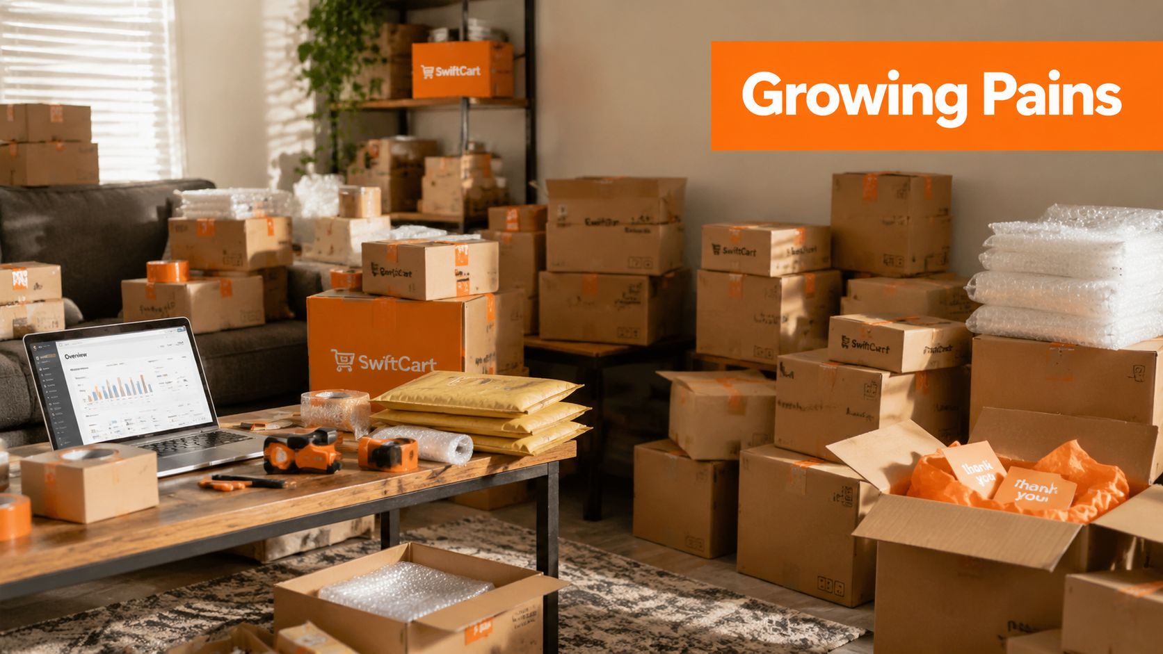 A room filled with numerous cardboard shipping boxes and packaging supplies, centered around a laptop showing analytics.