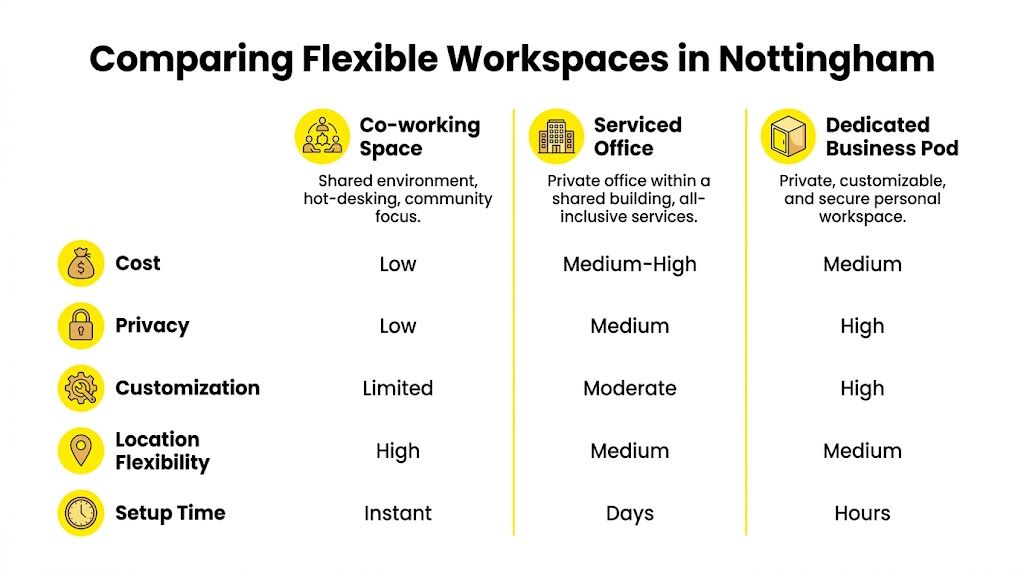 A comparison chart of Co-working Spaces, Serviced Offices, and Dedicated Business Pods in Nottingham, detailing their key features.