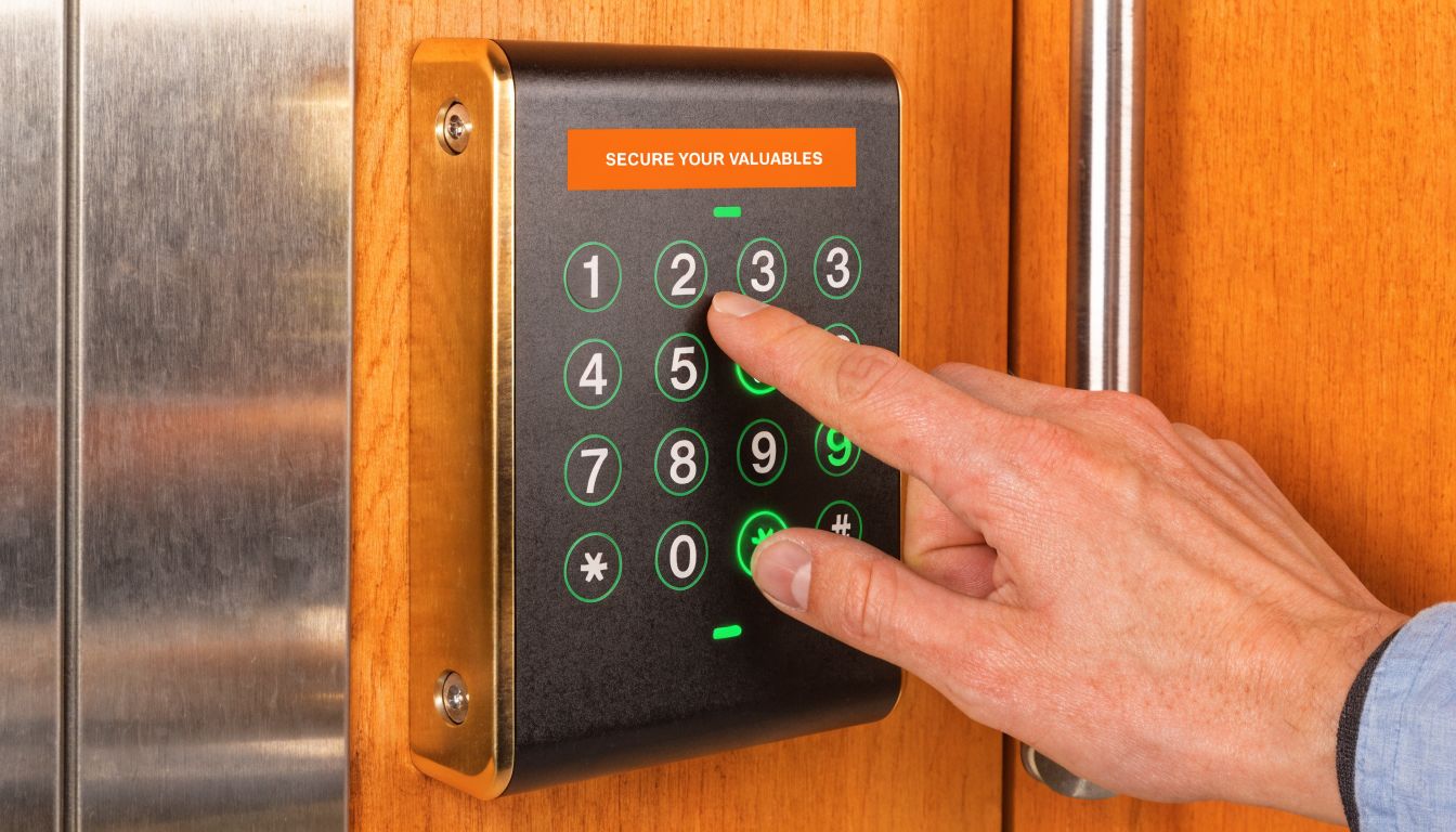 A close-up view of a person using their finger to press buttons on a digital keypad.