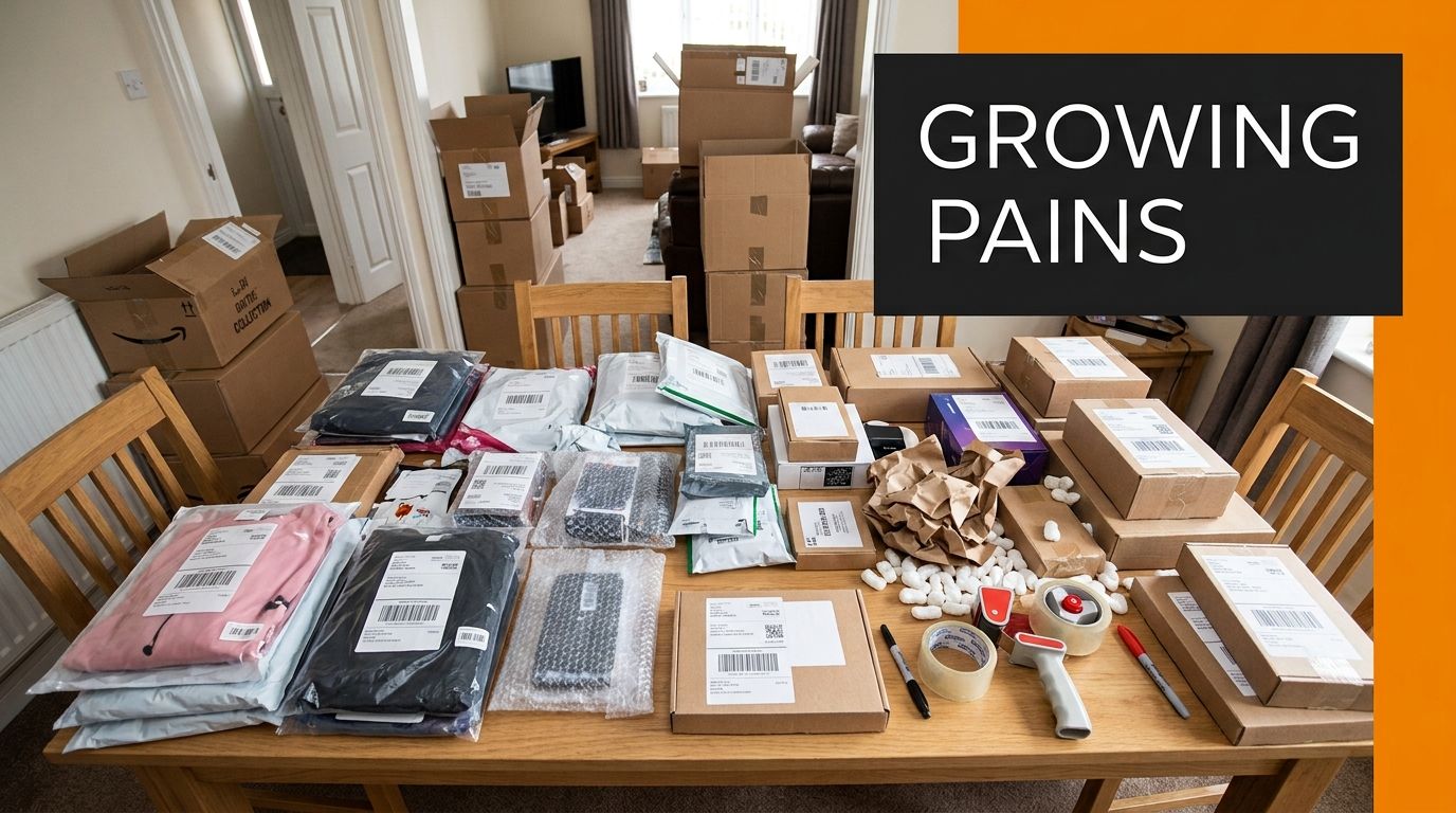 A dining table covered in numerous cardboard shipping boxes and packaged items for e-commerce order fulfillment.