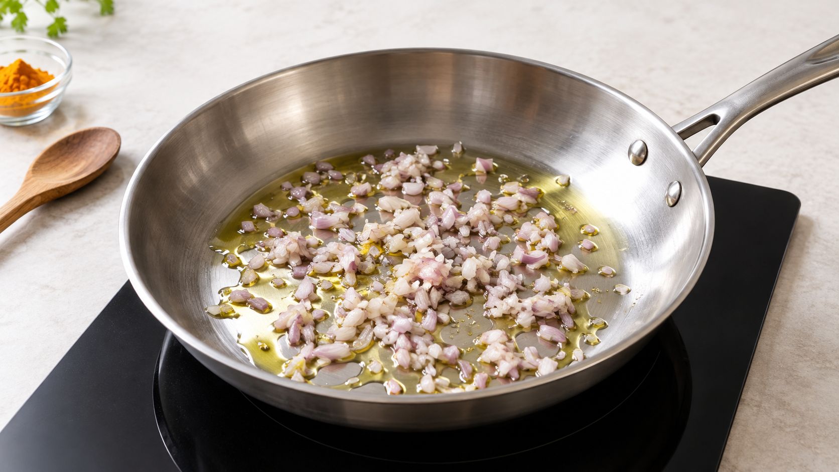 Diced shallots frying in oil inside a stainless steel pan on a black induction cooktop.