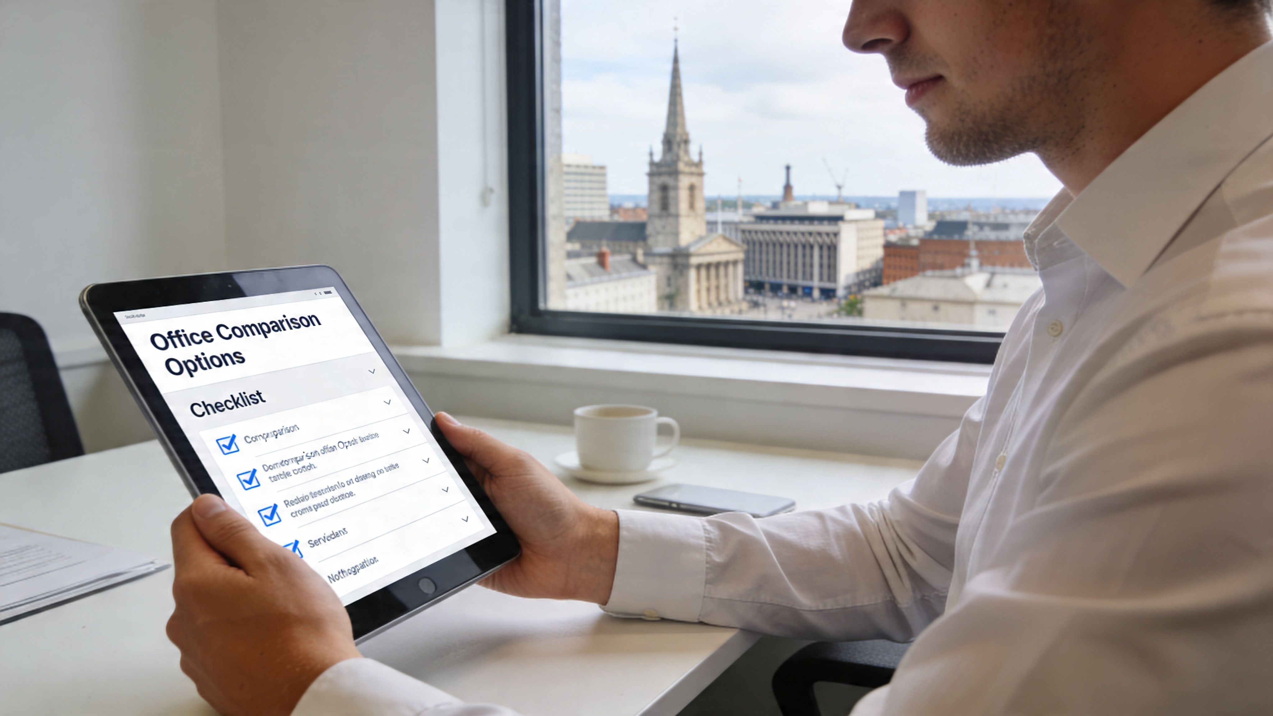 A professional man holding a tablet displaying an office comparison checklist while sitting in a bright office.