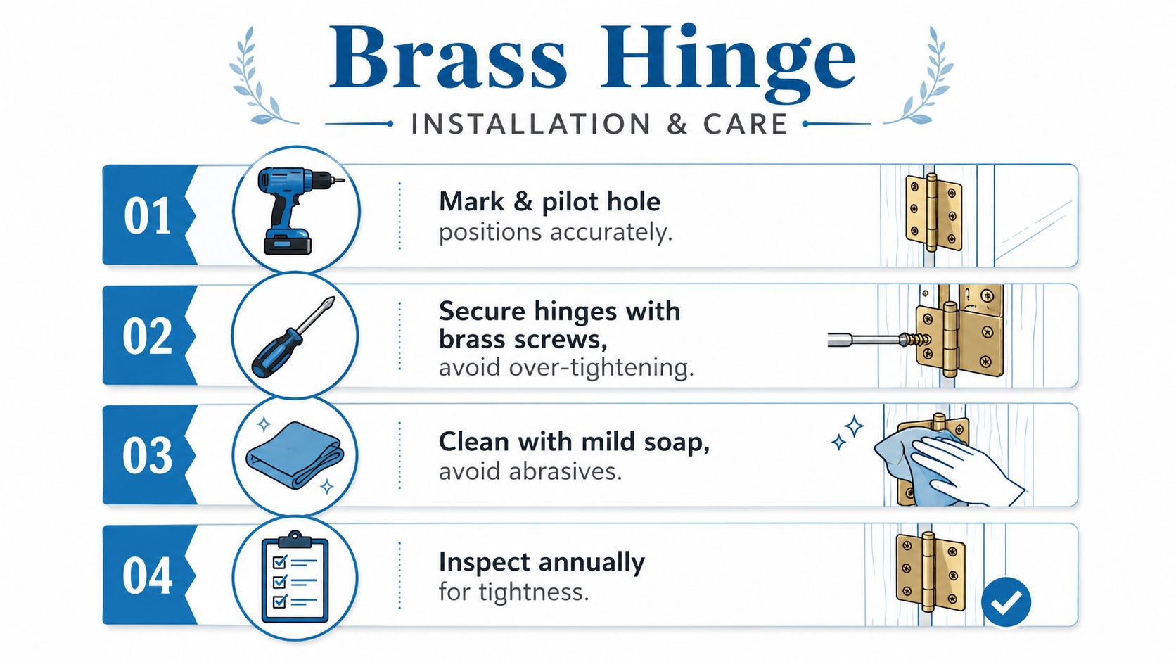 An instructional infographic detailing the four steps for installing and maintaining brass cabinet hinges.