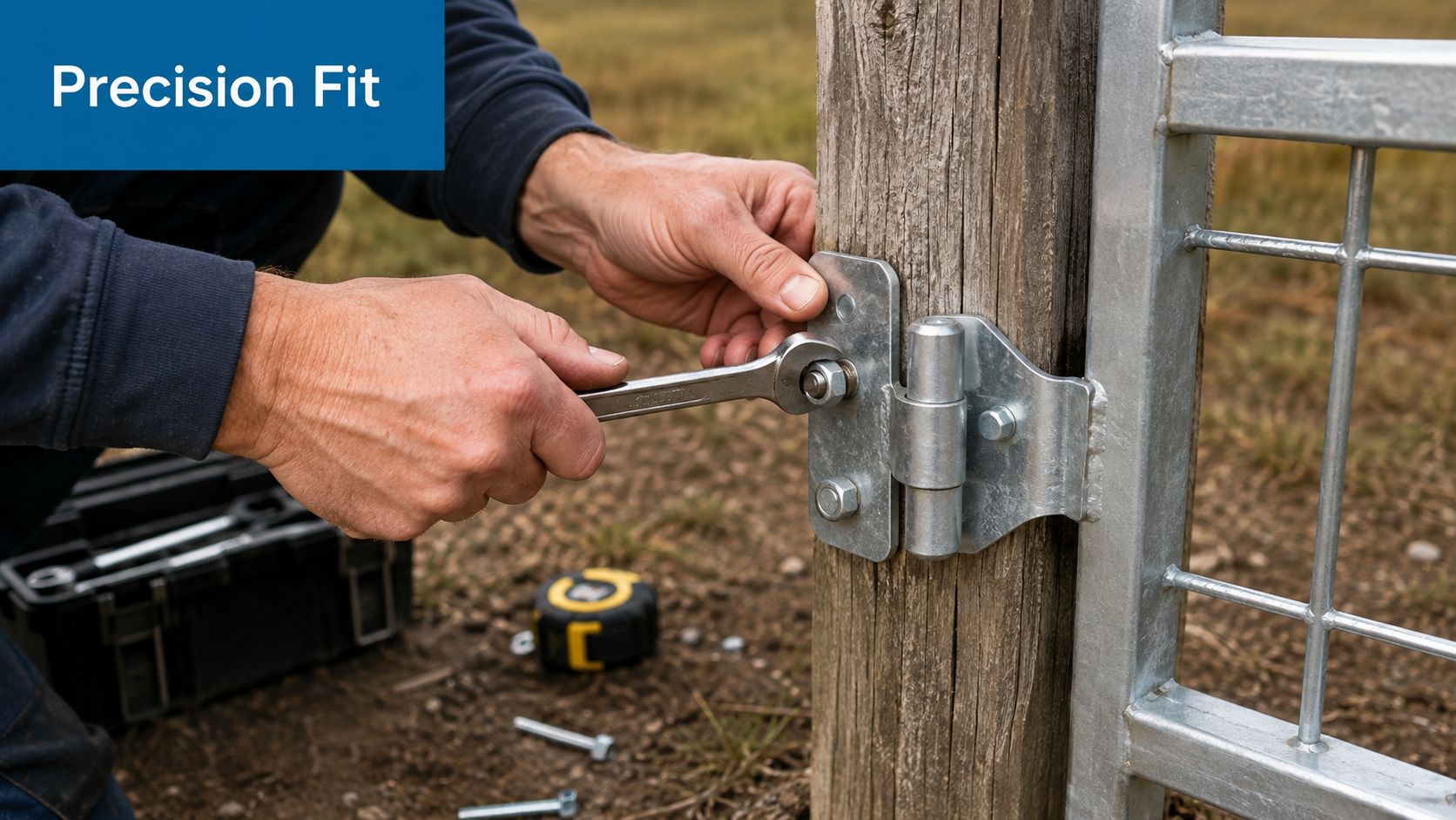 A person using a metal wrench to tighten a bolt on galvanised gate hinges on a wooden post.
