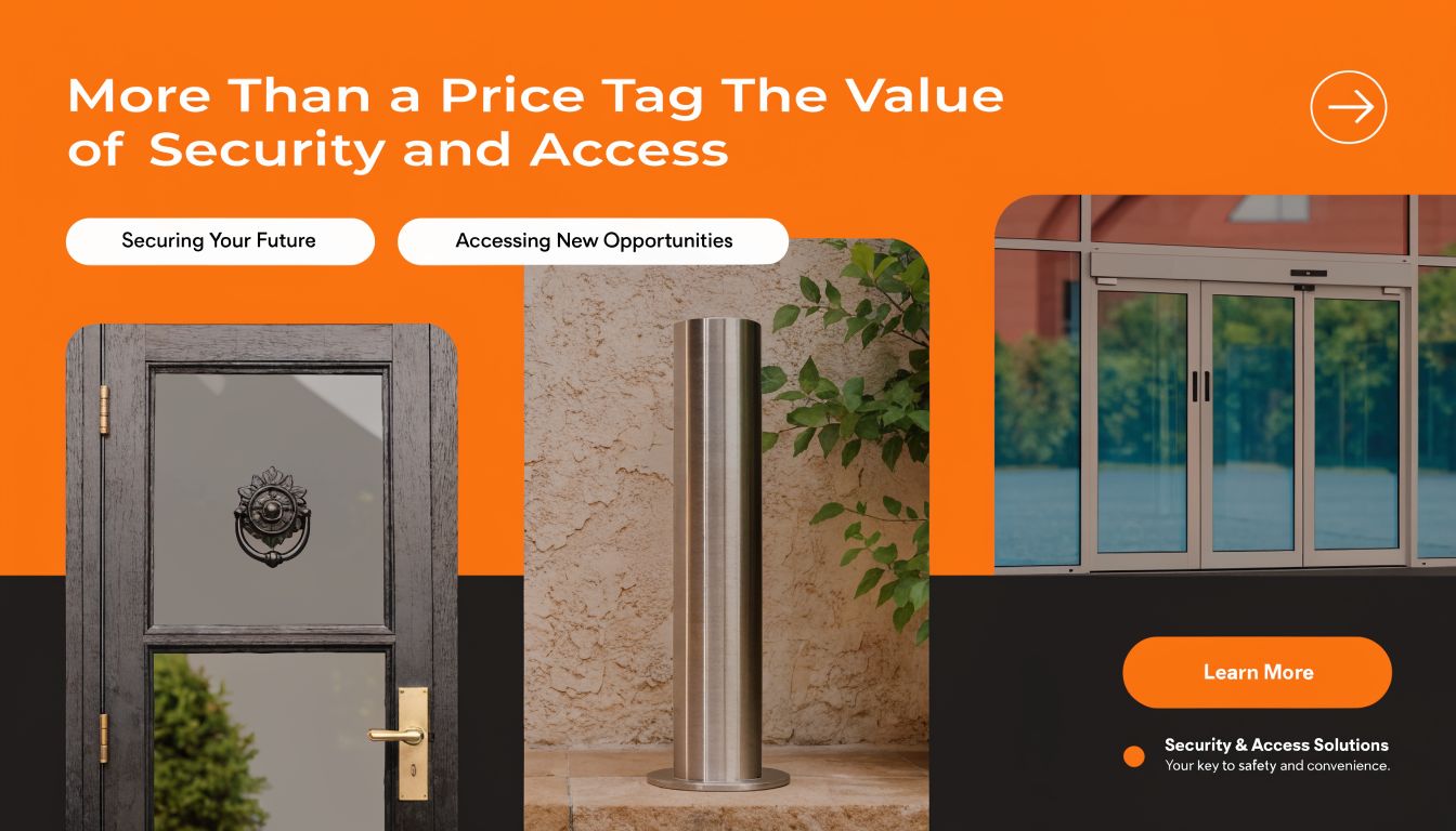 A professional graphic featuring security and access solutions including residential doors, security bollards, and automated commercial entrance doors.