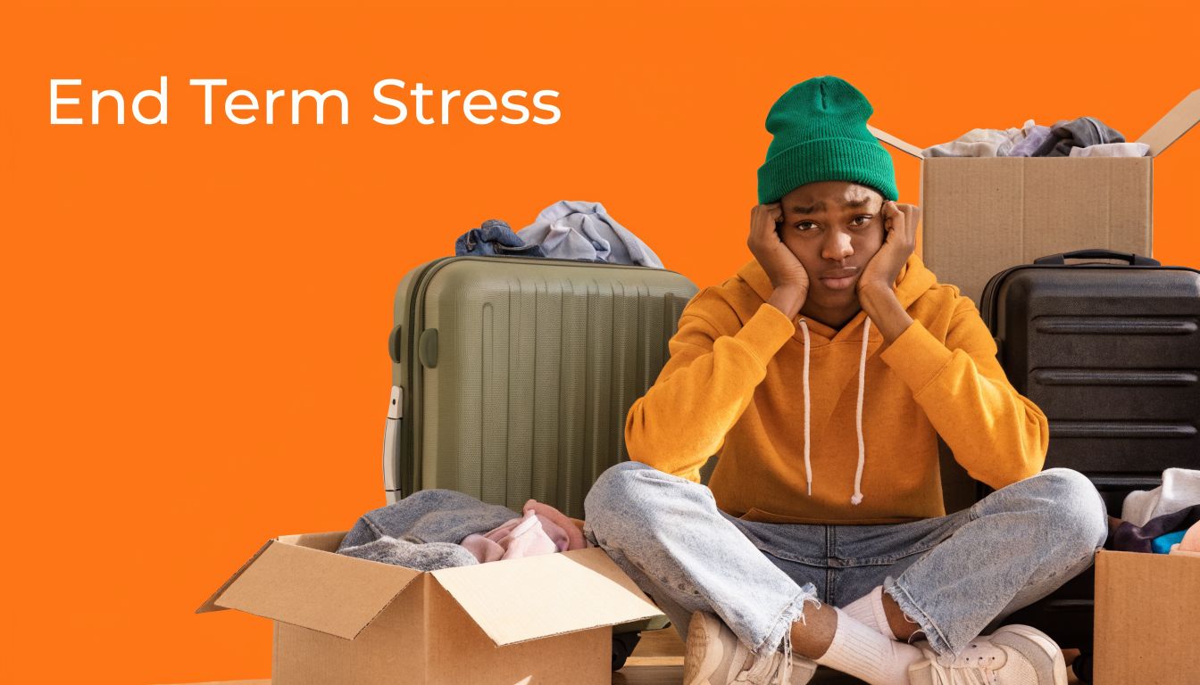 A stressed student sitting on the floor surrounded by packing boxes and suitcases against an orange background.