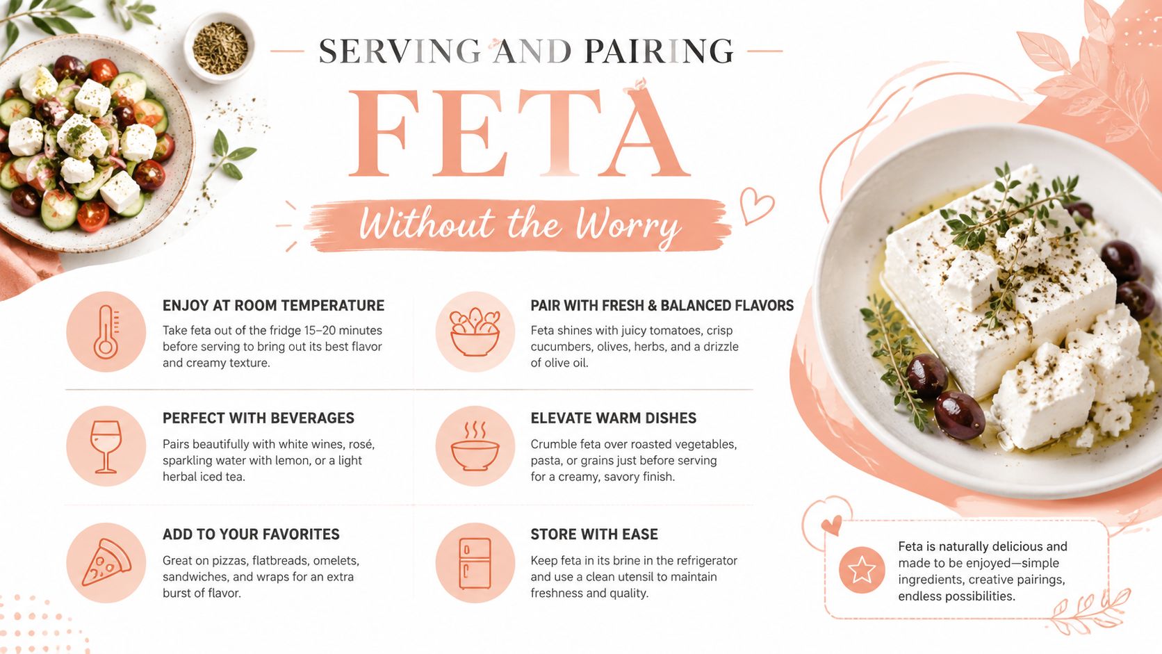 A helpful guide illustrating various ways to serve, store, and pair delicious lactose-free feta cheese.