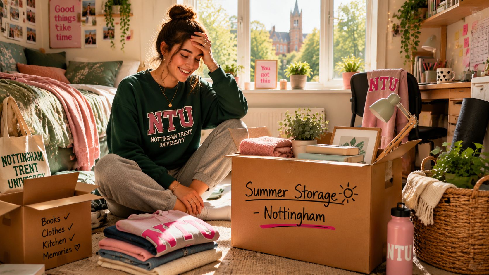 A happy student sitting on her bedroom floor, packing belongings into a cardboard box for summer storage.