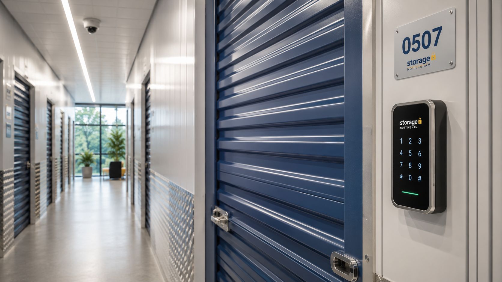 A long hallway lined with blue storage units at a secure self-storage facility in Nottingham.