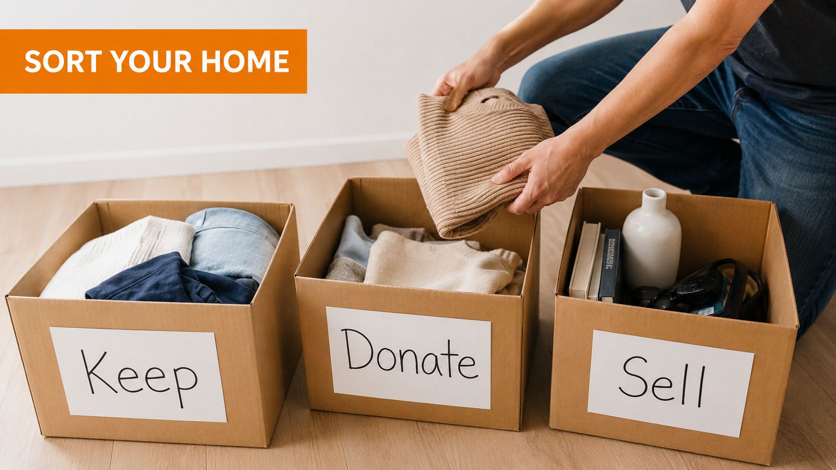 A person sorting clothing and household items into labeled cardboard boxes for keeping, donating, and selling.