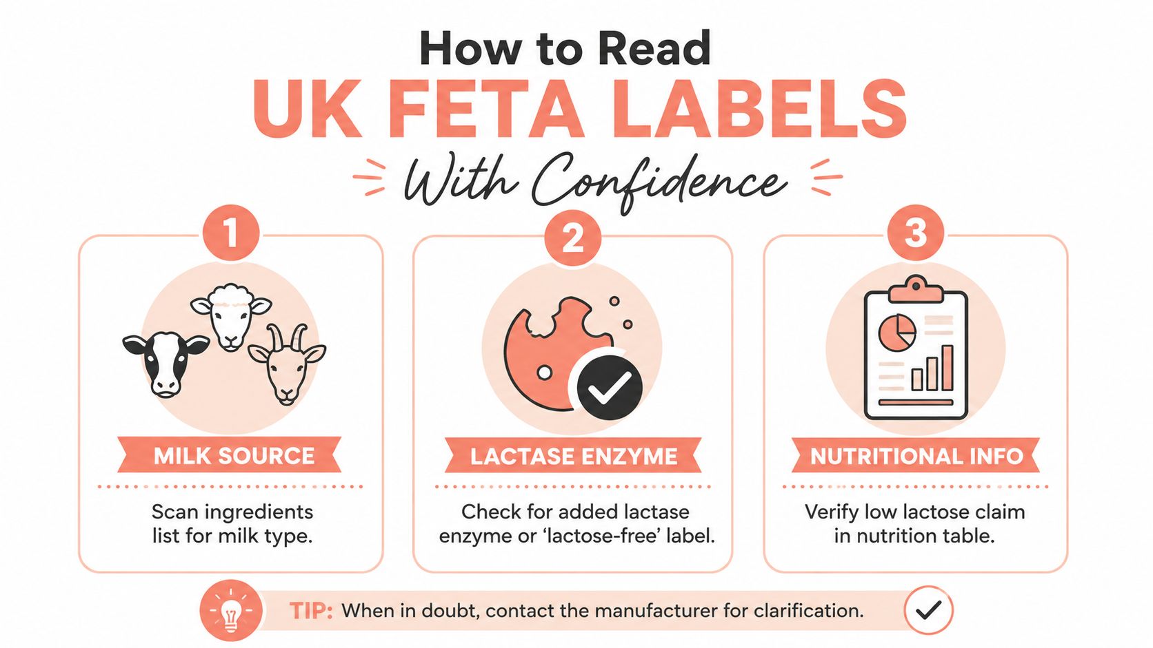 A helpful infographic on how to identify lactose-free feta cheese options on UK food labels.