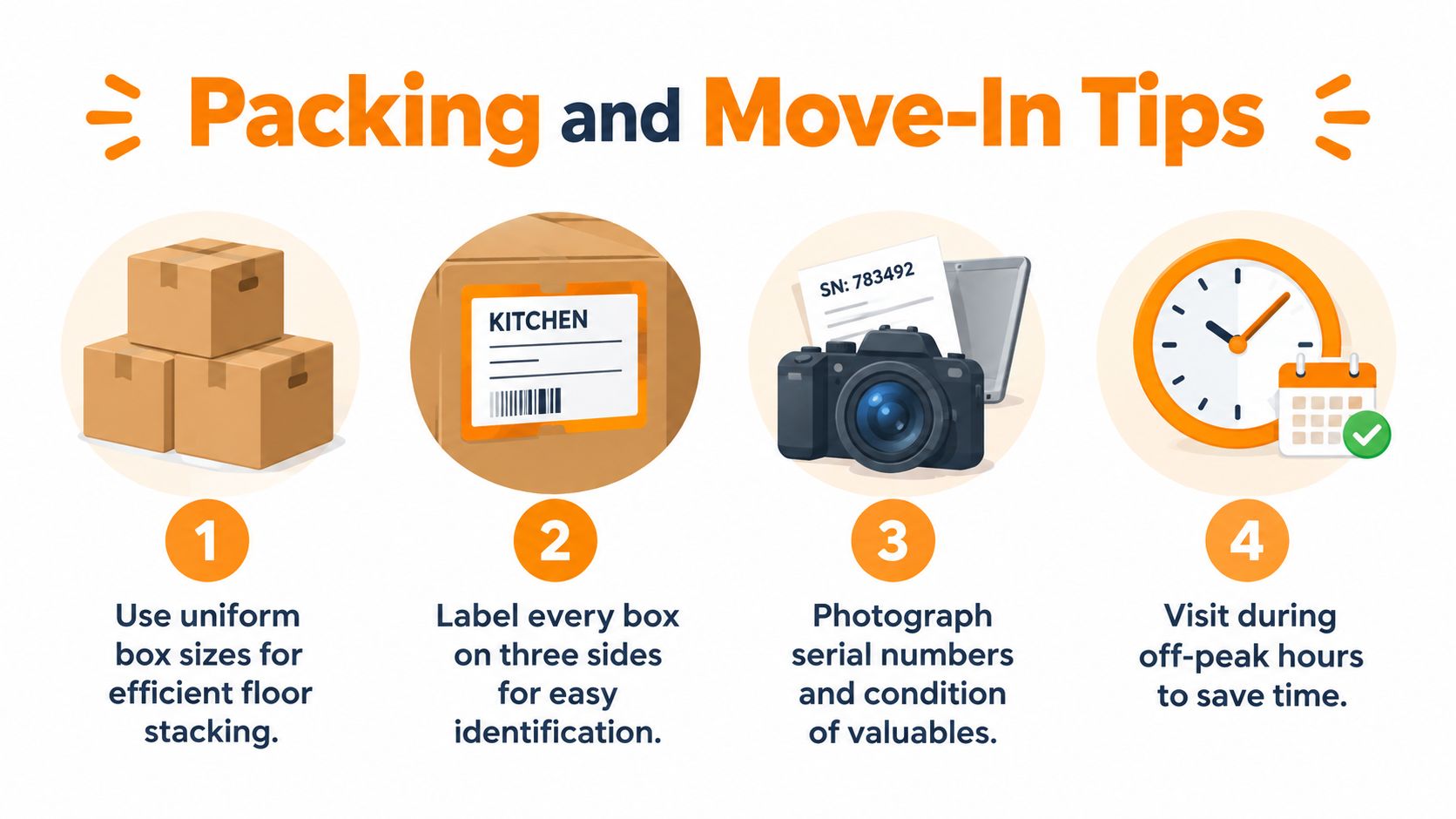 An infographic illustrating four practical packing and moving tips for storing household items efficiently and safely.